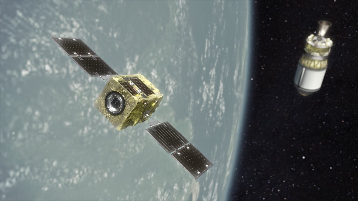 Artist's illustration of Astroscale's ADRAS-J spacecraft approaching a spent H-IIA rocket upper stage in orbit