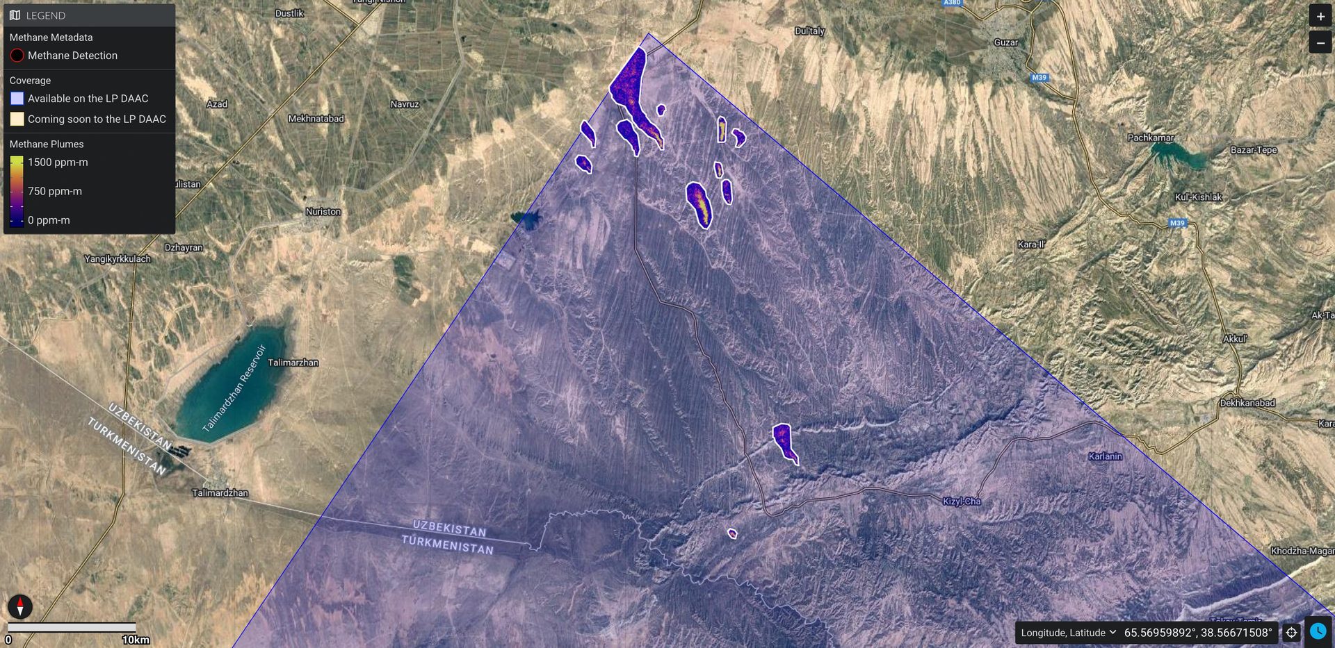 A cluster of methane plumes detected from orbit in southern Uzbekistan, shown in color over a satellite map