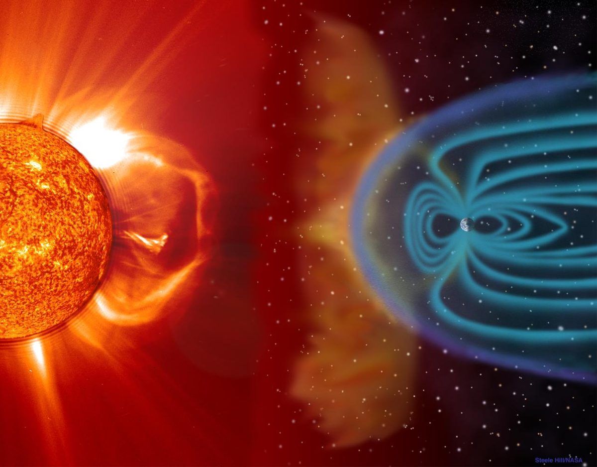 Illustration d'une éruption solaire se dirigeant vers le champ magnétique protecteur de la Terre
