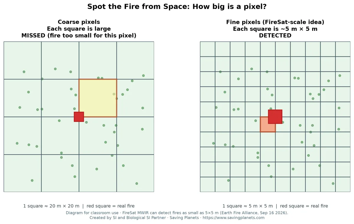 Diagram comparing a coarse pixel grid that misses a small fire with a fine 5-meter grid that detects it