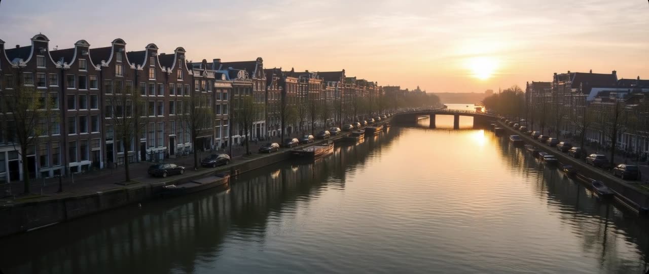 Canal d'Amsterdam au lever du soleil, image tirée de la vidéo Saving Planets