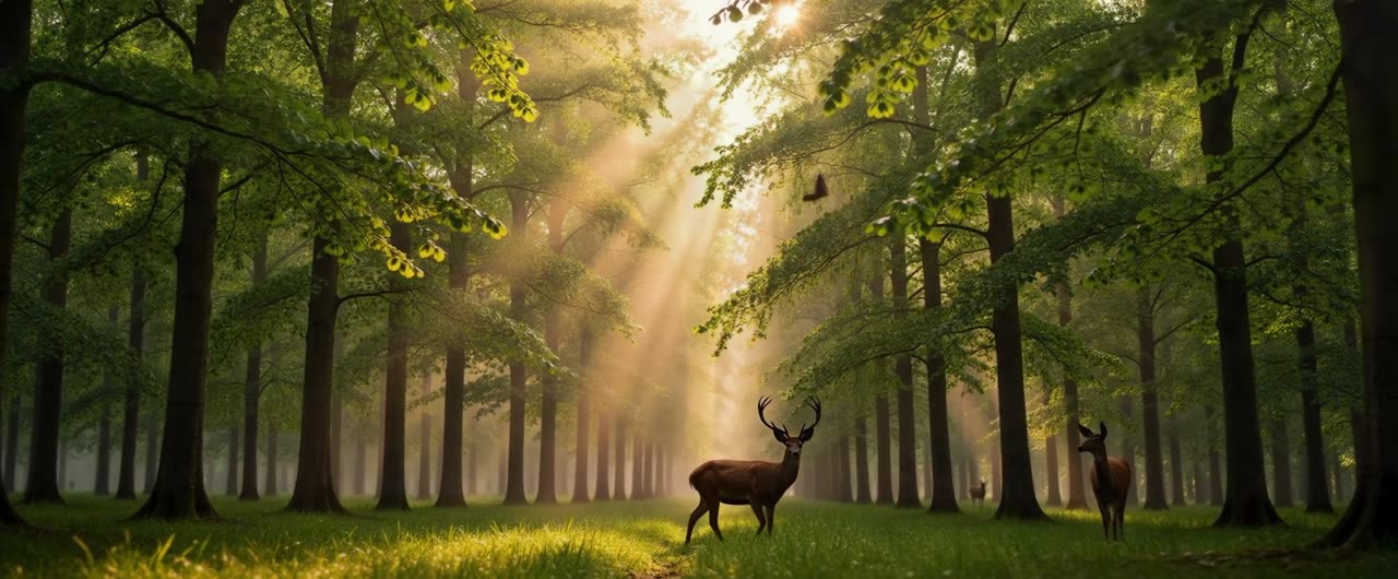 Sunlit forest with deer, a frame from the Saving Planets video